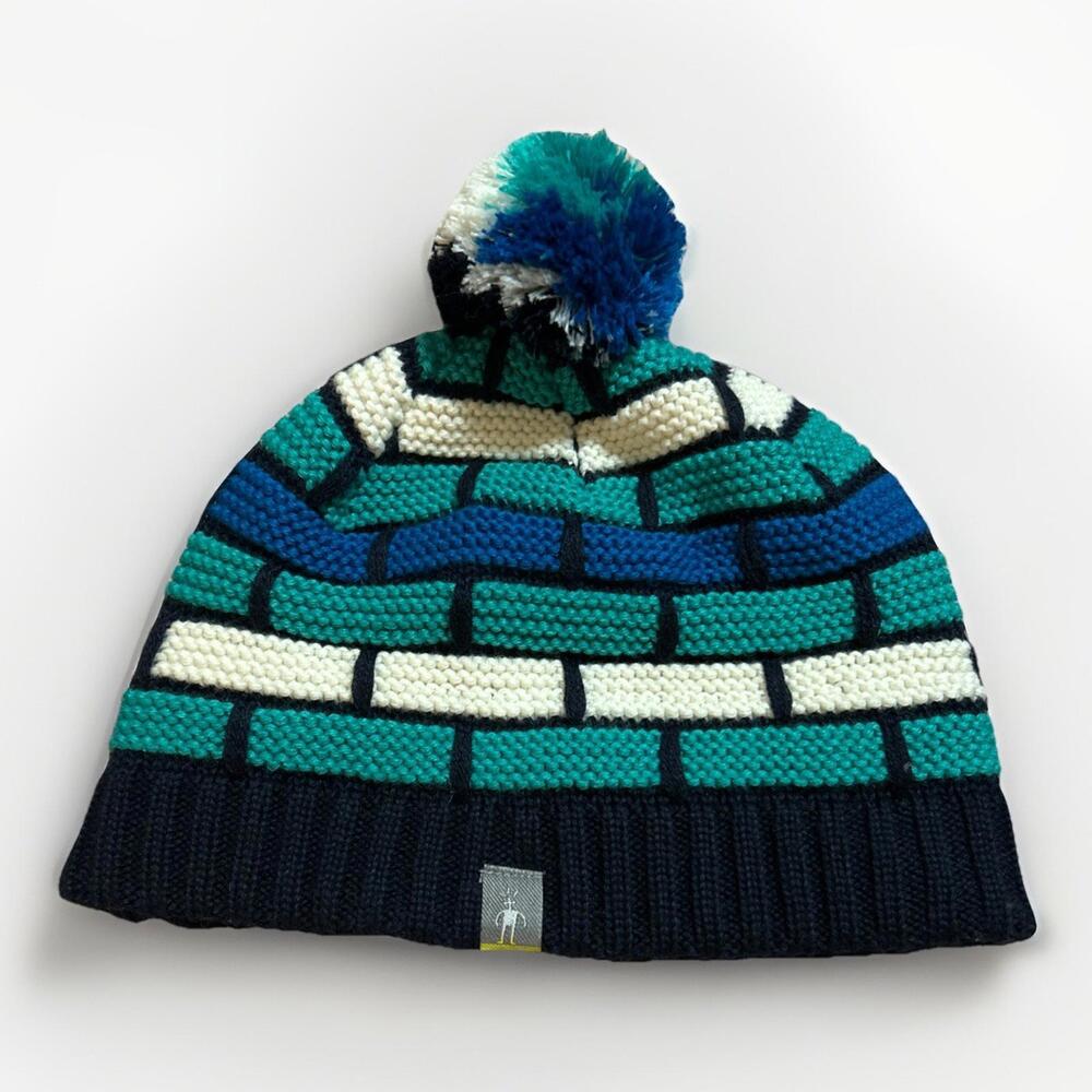 SMARTWOOL Merino Wool Knit Pom Pom Beanie Made in Canada Blue White Green
